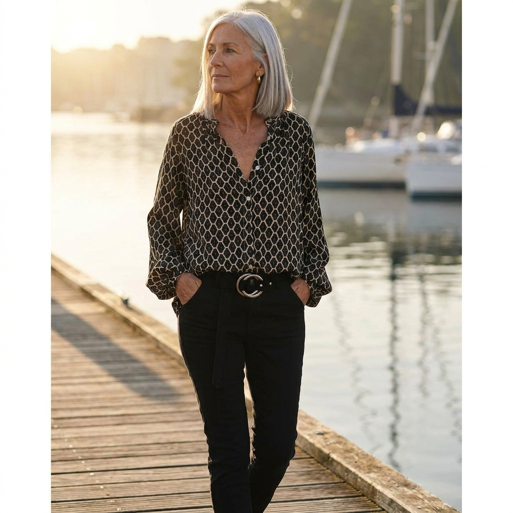 Geometric Print Split Neck Long Sleeve Blouse 2