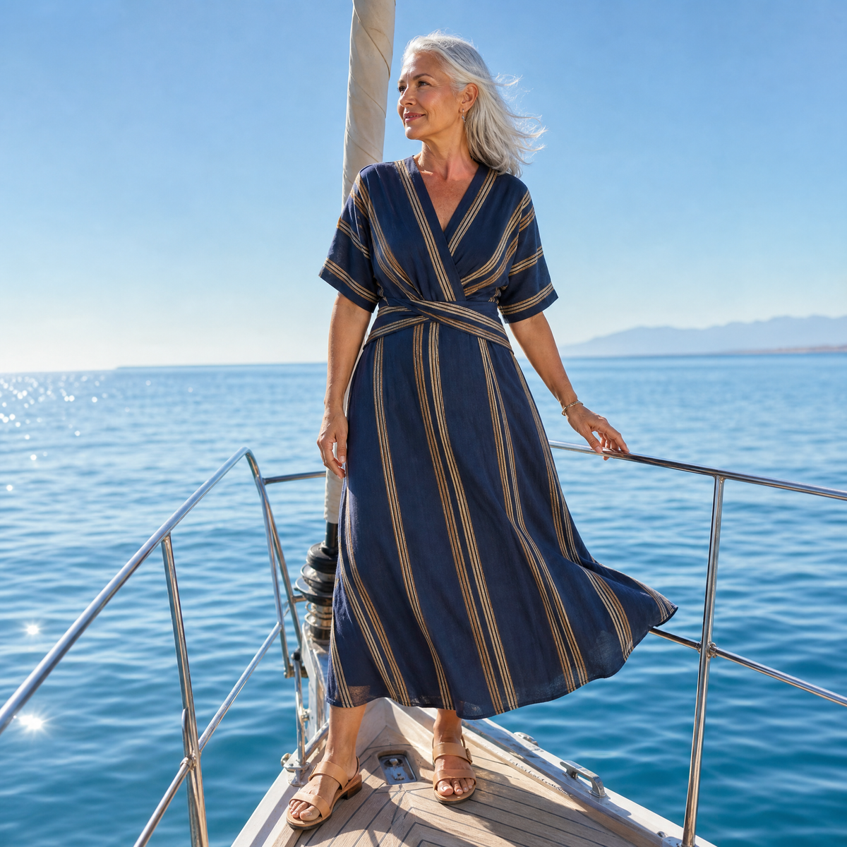 Striped V-Neck Kimono Sleeve Tie Waist Maxi Dress 2