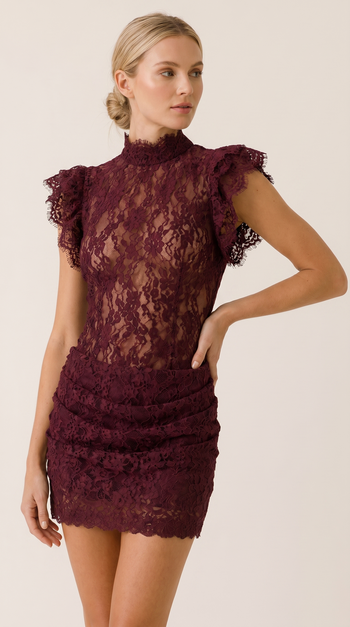 High Neck Ruffle Sleeve Ruched Lace Mini Dress