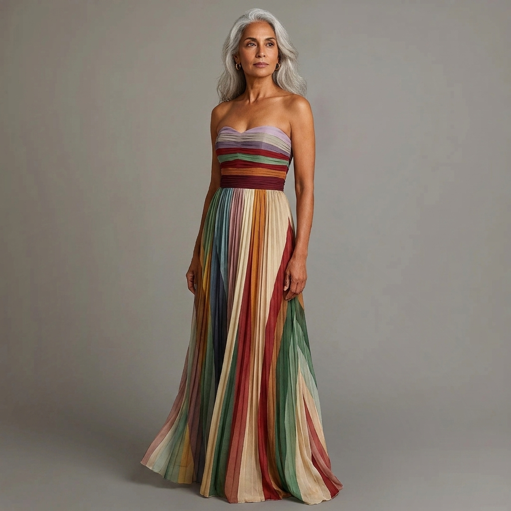 Striped Strapless Sweetheart Pleated Maxi Dress