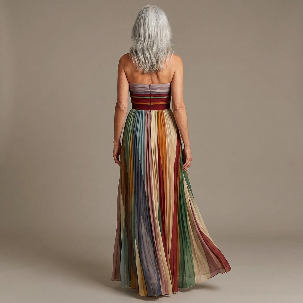 Striped Strapless Sweetheart Pleated Maxi Dress 2