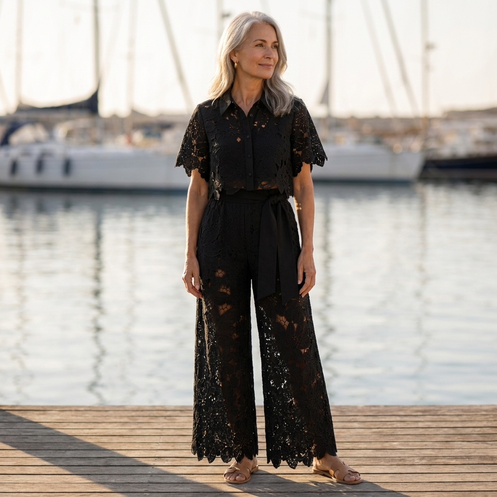 Lace Short Sleeve Crop Top and Wide Leg Pants Two Piece Set