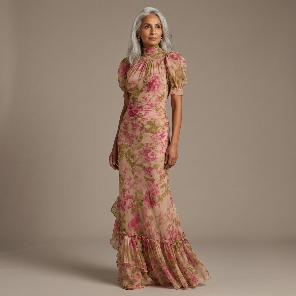 Floral High Neck Puff Sleeve Ruffle Hem Maxi Dress