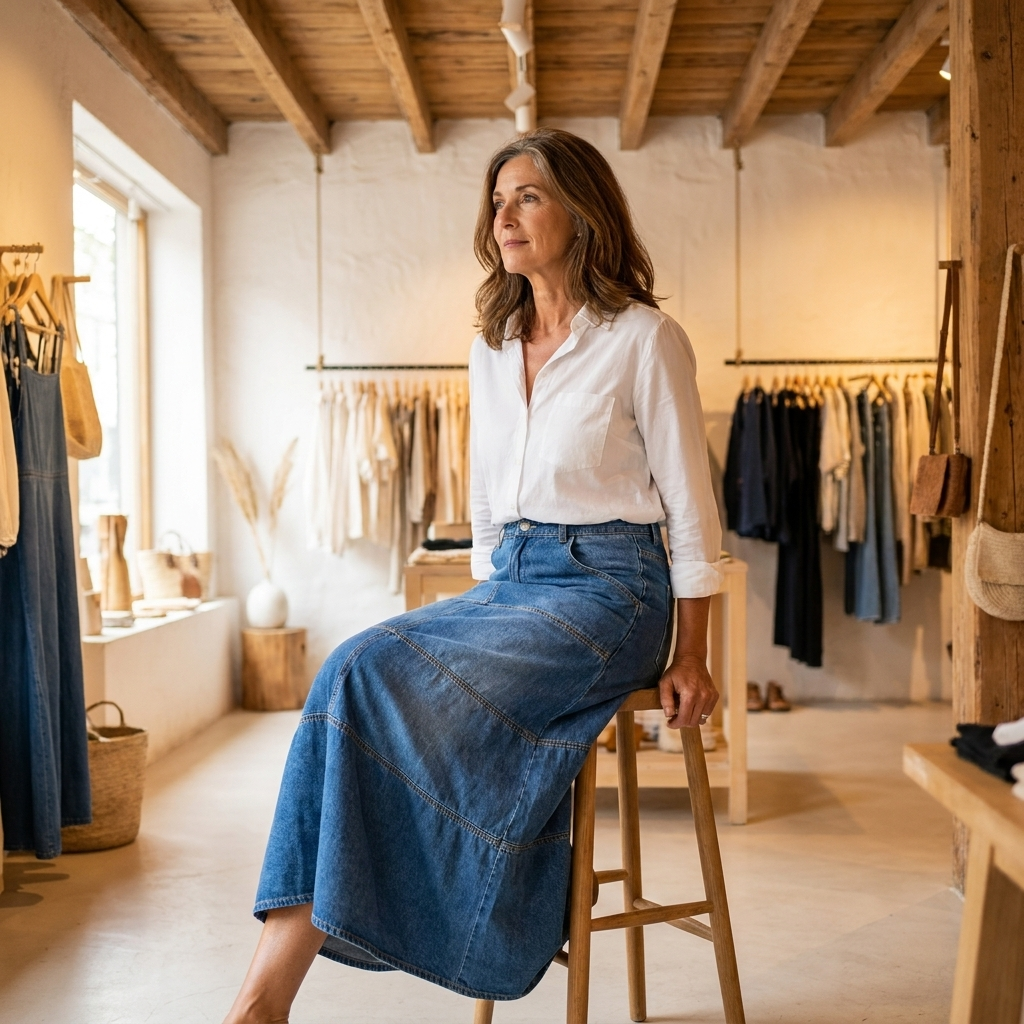 High Waist Tiered A-Line Denim Maxi Skirt 2