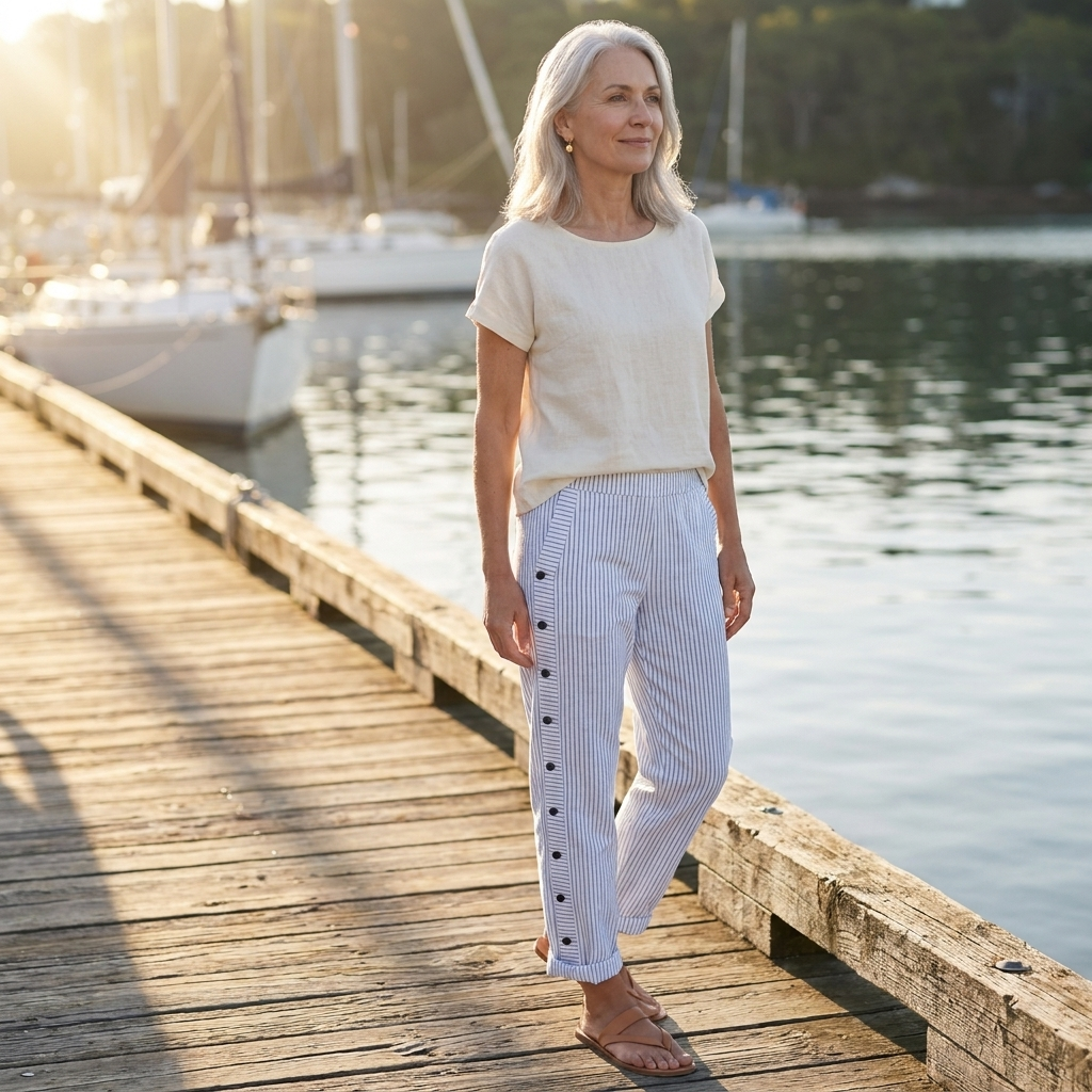 Striped Side Button Tapered Trousers