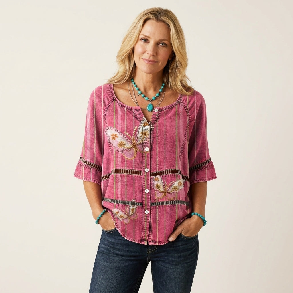 Butterfly Print Crochet Trim Half Sleeve Button Front Blouse