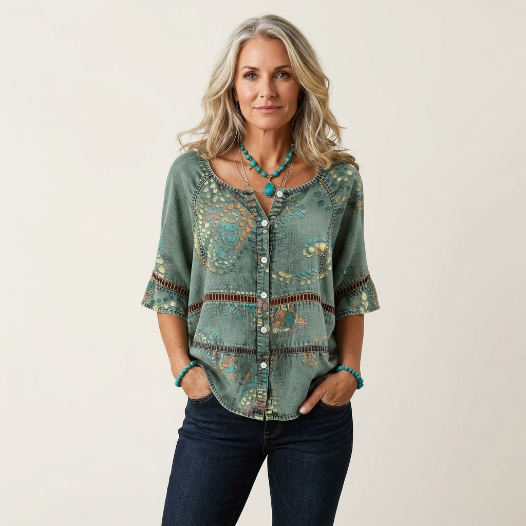 Paisley Print Scoop Neck Button Front Lace Trim Babydoll Top
