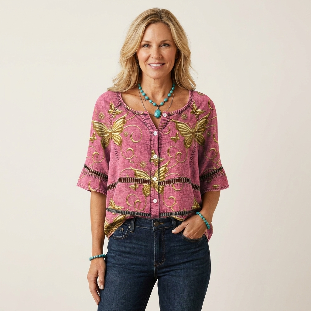 Butterfly Print Crochet Trim Button Front Blouse
