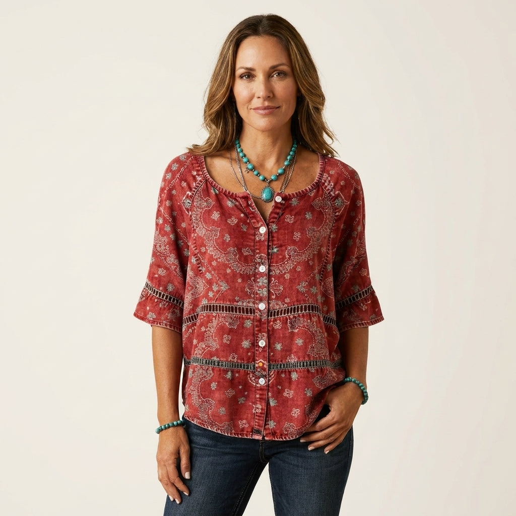 Paisley Print Crochet Trim Three Quarter Sleeve Peasant Blouse