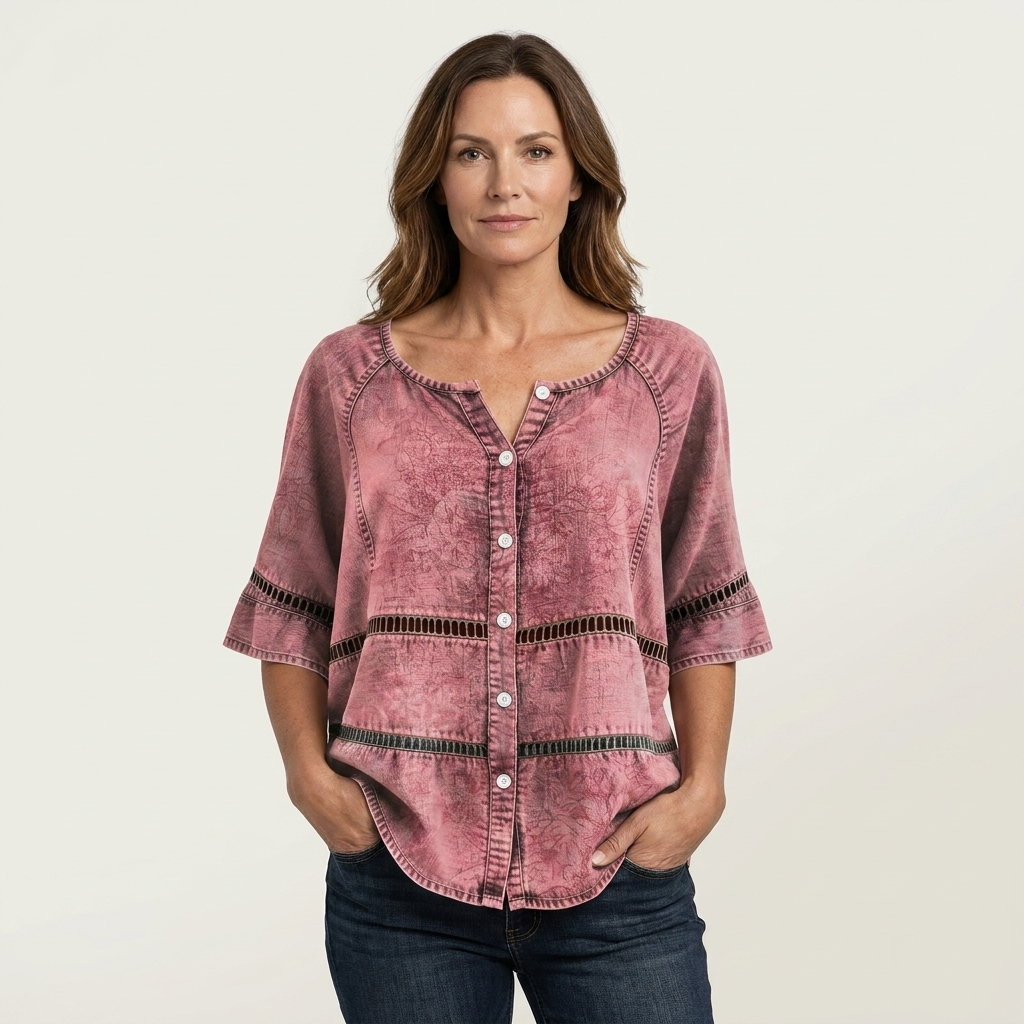 Crochet Trim Scoop Neck Half Sleeve Button Front Blouse