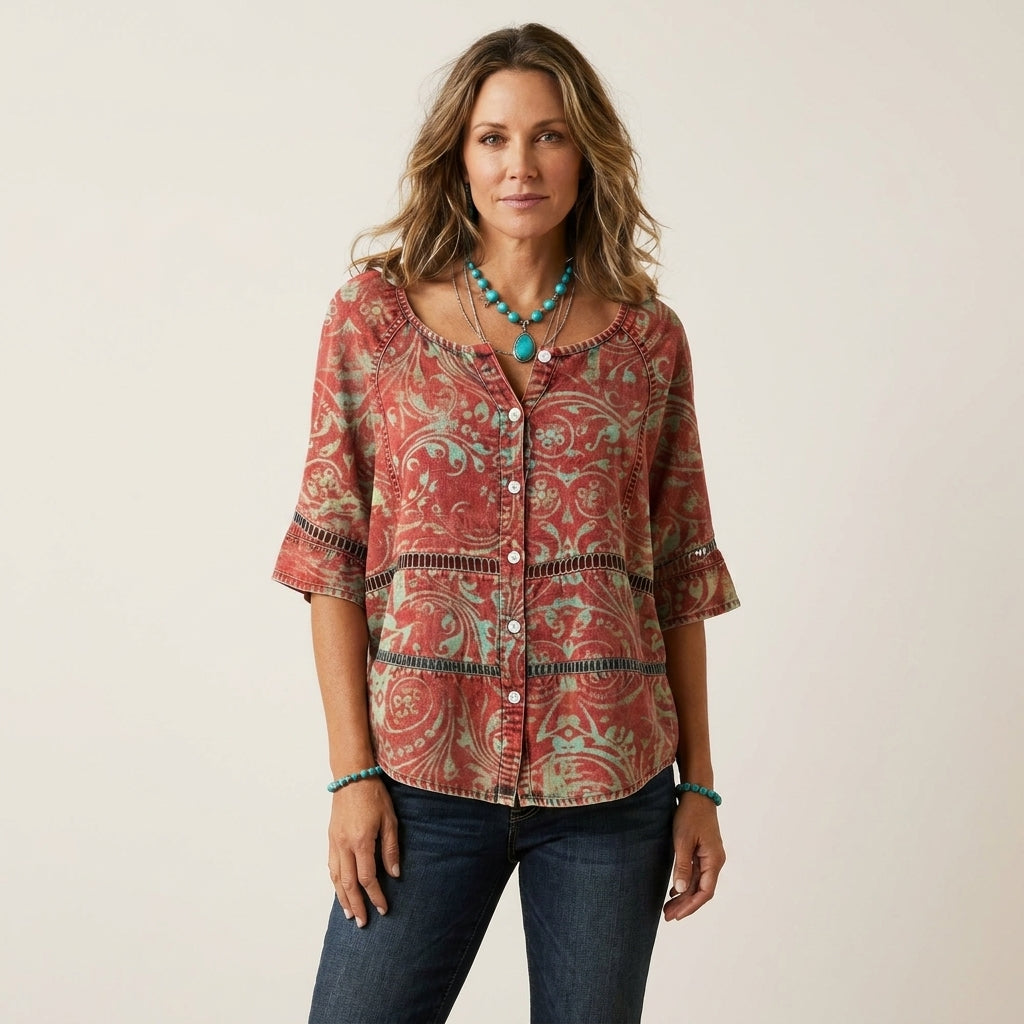 Paisley Print Crochet Trim Bell Sleeve Blouse