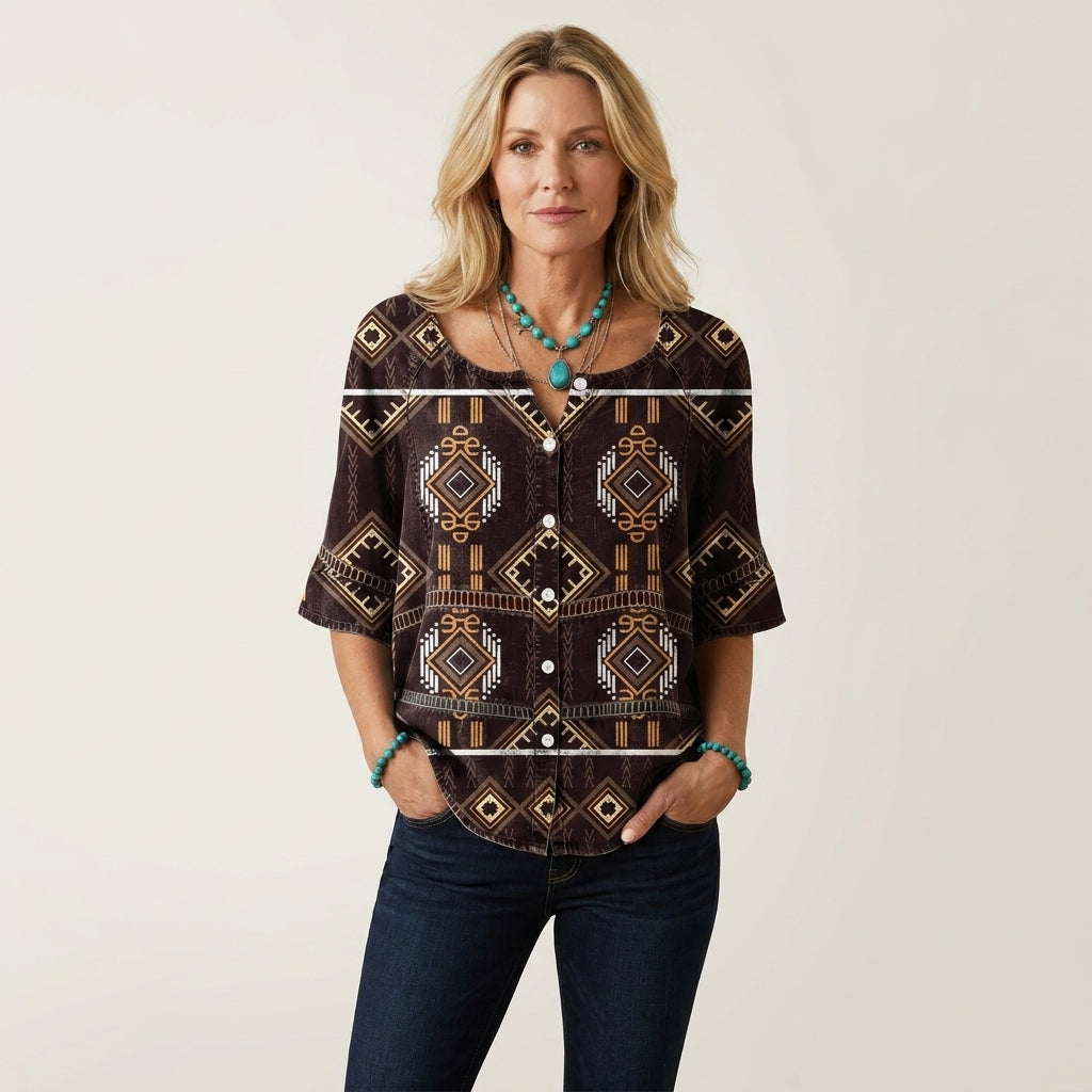 Aztec Print Button Front Half Sleeve Blouse