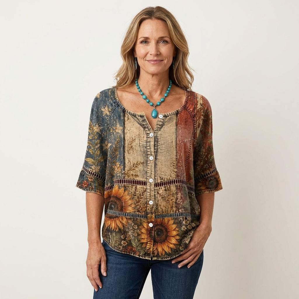 Sunflower Patchwork Print Lace Trim Half Sleeve Blouse