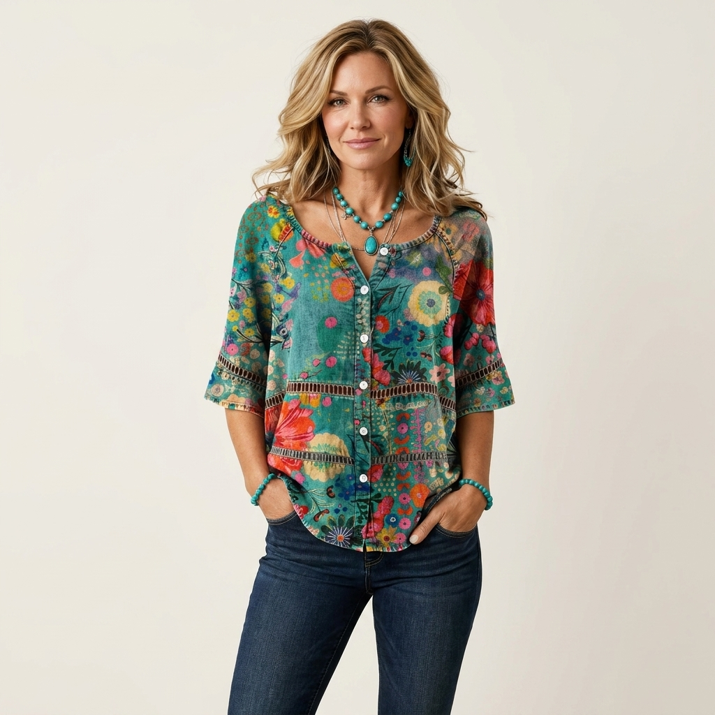 Floral Print Crochet Trim Button Front Three Quarter Sleeve Blouse
