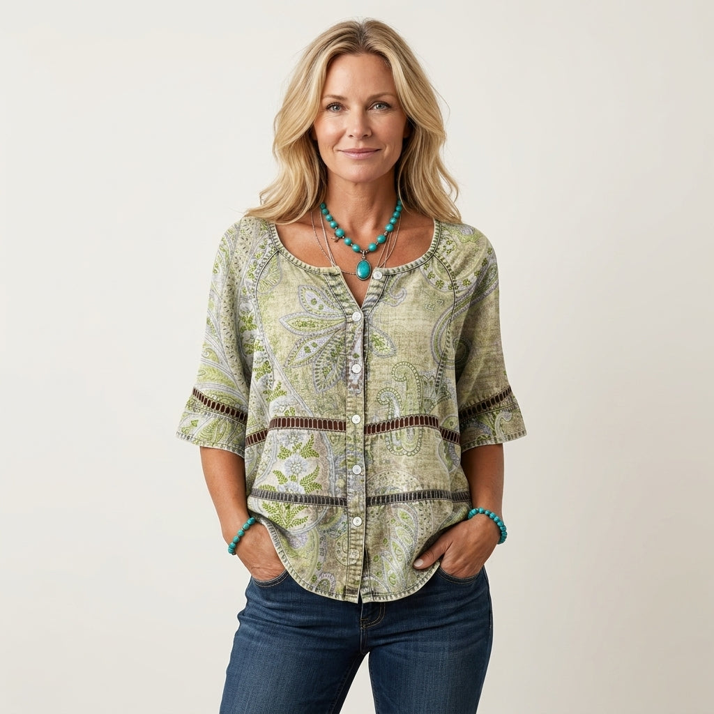 Paisley Print Scoop Neck Ladder Trim Flutter Sleeve Blouse