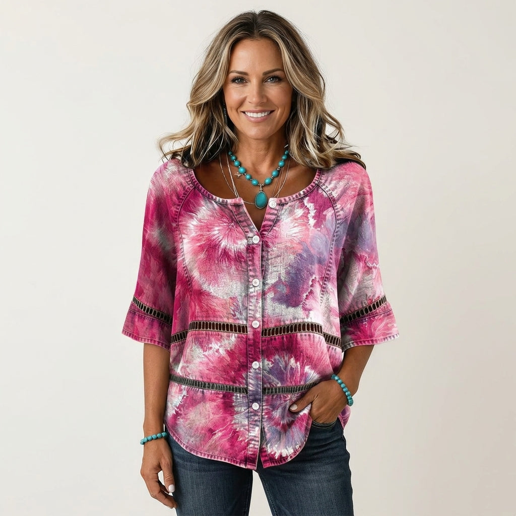 Tie Dye Print Button Front Lace Trim Half Sleeve Blouse