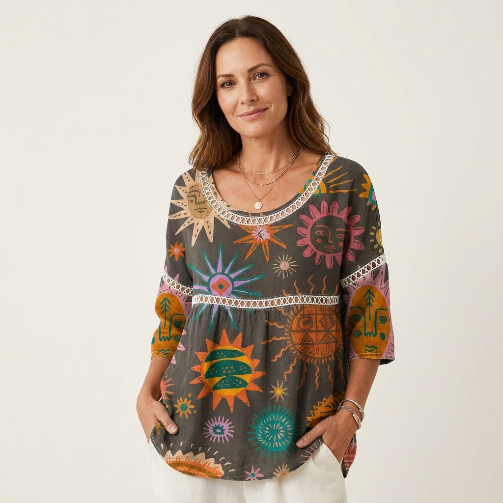 Sun Print Crochet Trim Scoop Neck Half Sleeve Tunic Top