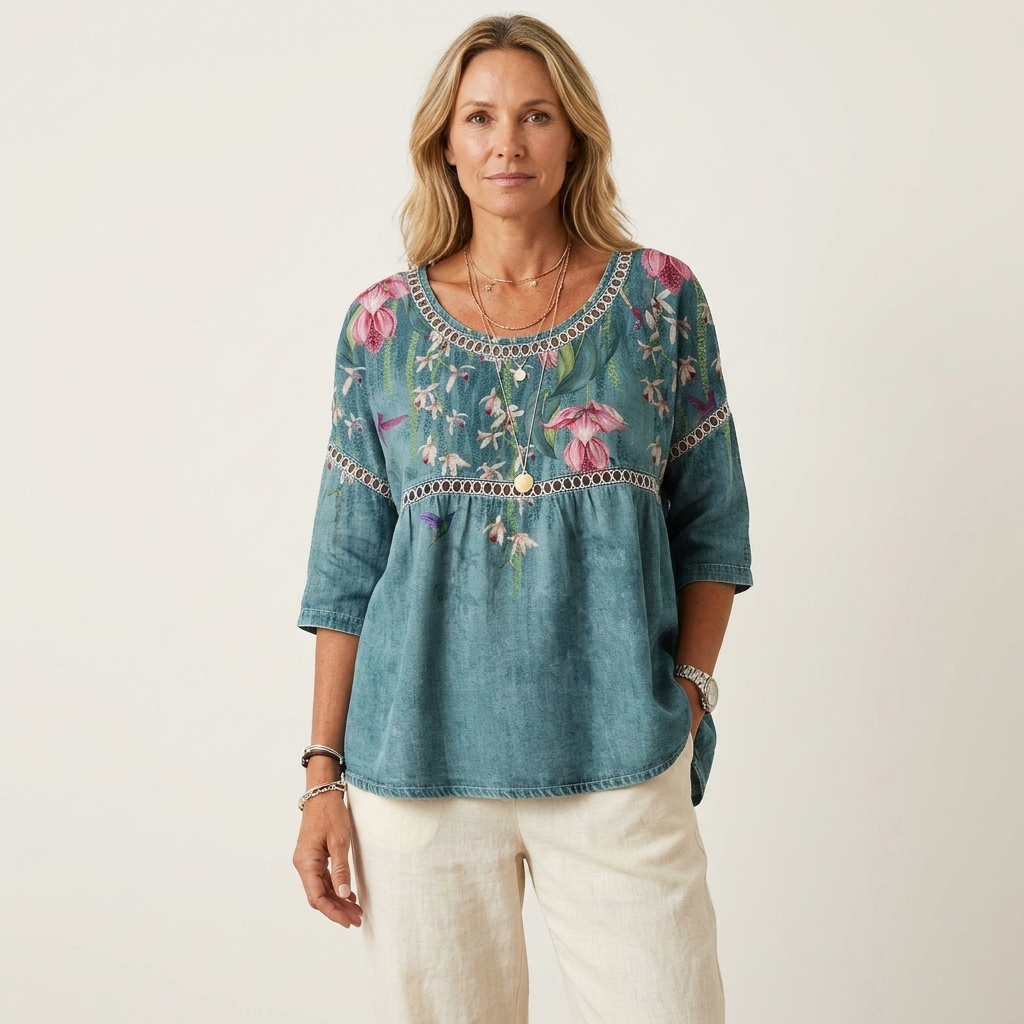 Floral Embroidered Scoop Neck Three Quarter Sleeve Babydoll Tunic Top