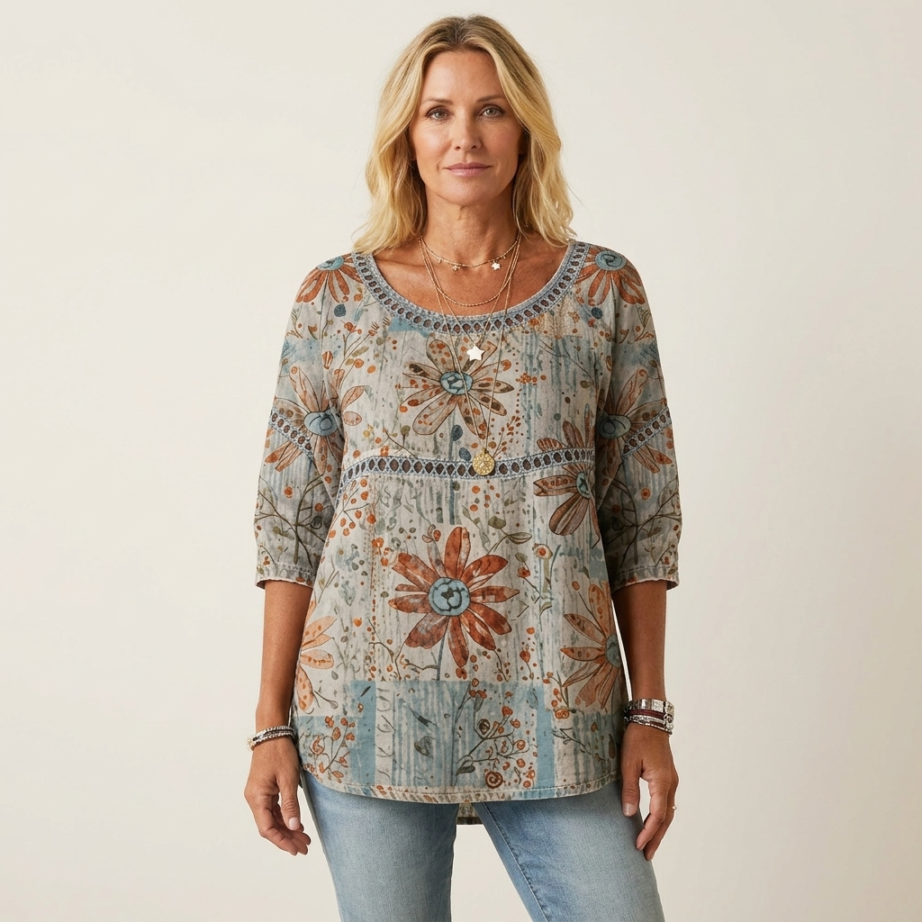 Floral Print Scoop Neck Three Quarter Sleeve Lace Trim Tunic Top