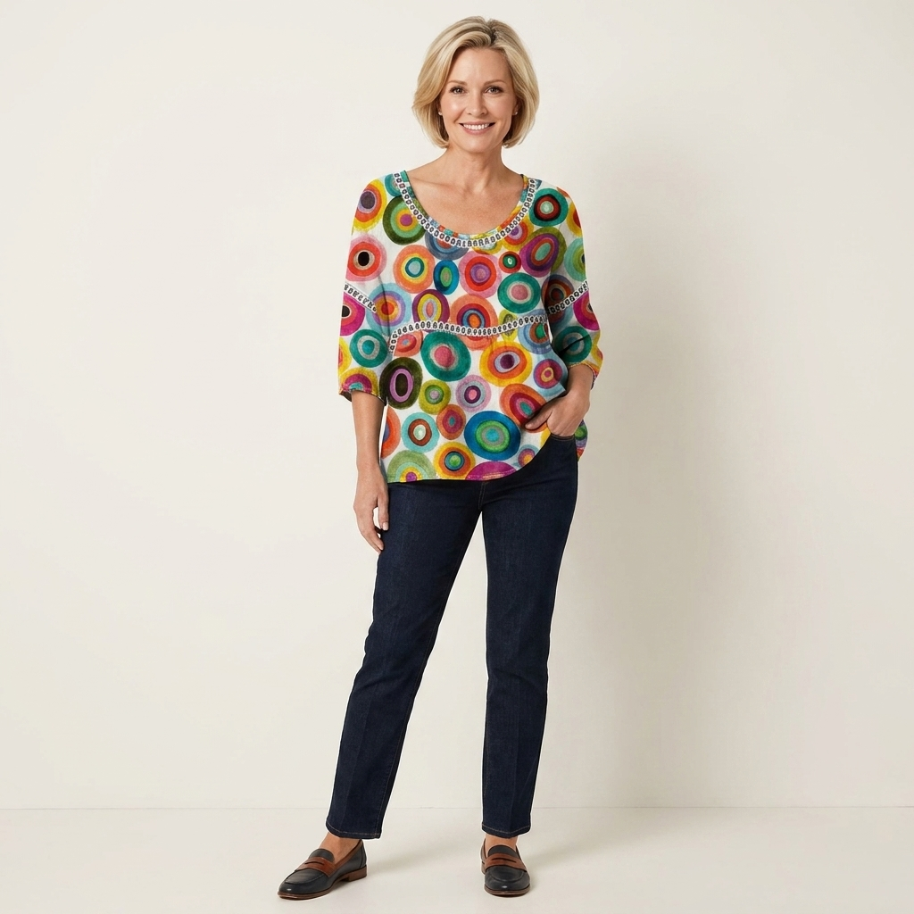 Abstract Circles Print Scoop Neck Crochet Trim Three Quarter Sleeve Top