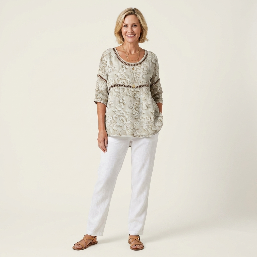 Floral Texture Scoop Neck Crochet Trim Three Quarter Sleeve Tunic Top