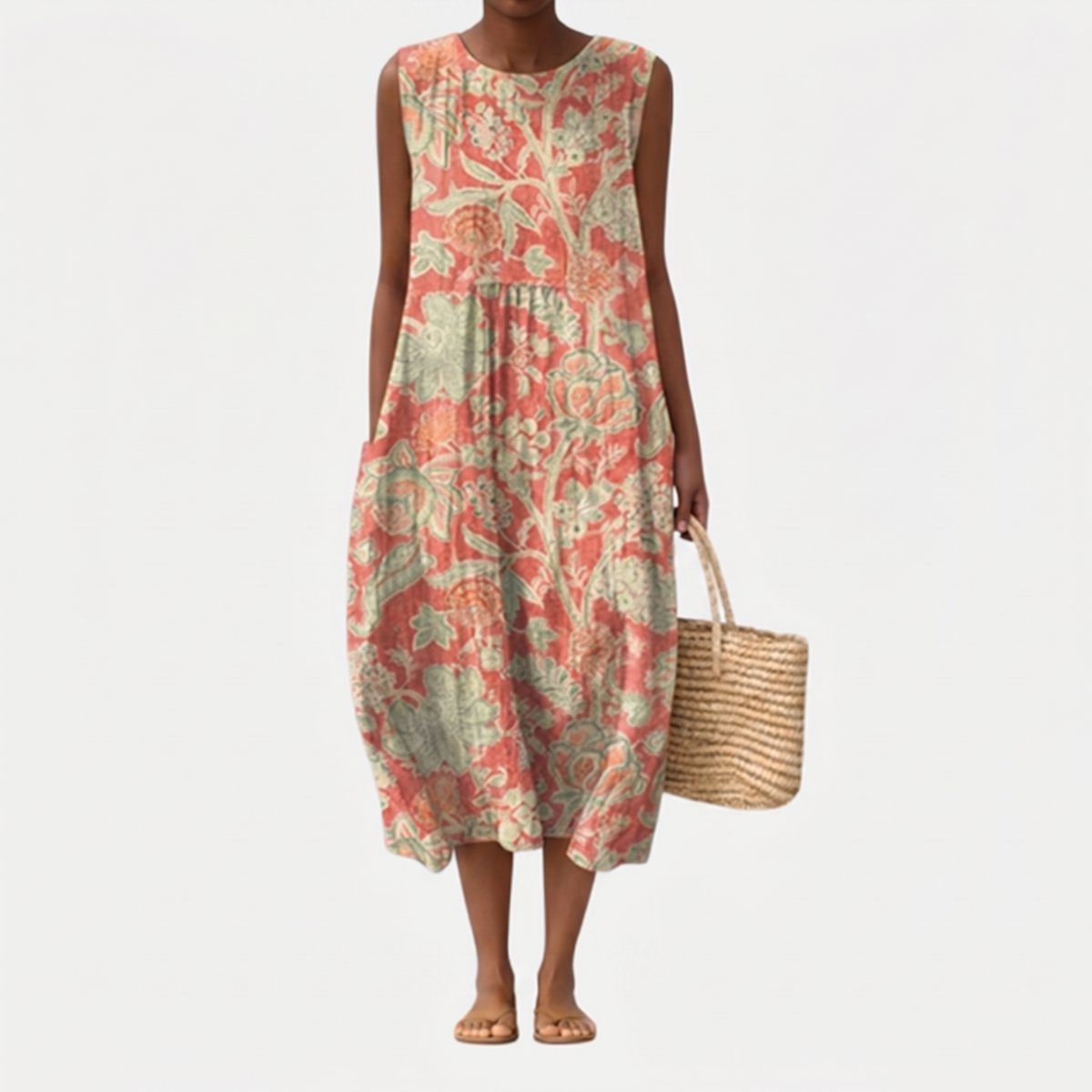 Floral V-Neck Sleeveless Pocket Midi Dress 2