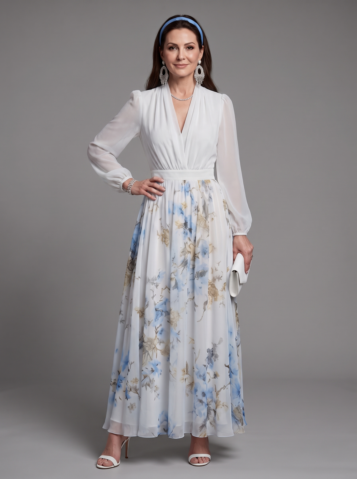 Surplice V-Neck Long Sleeve Floral Skirt Chiffon Maxi Dress 6