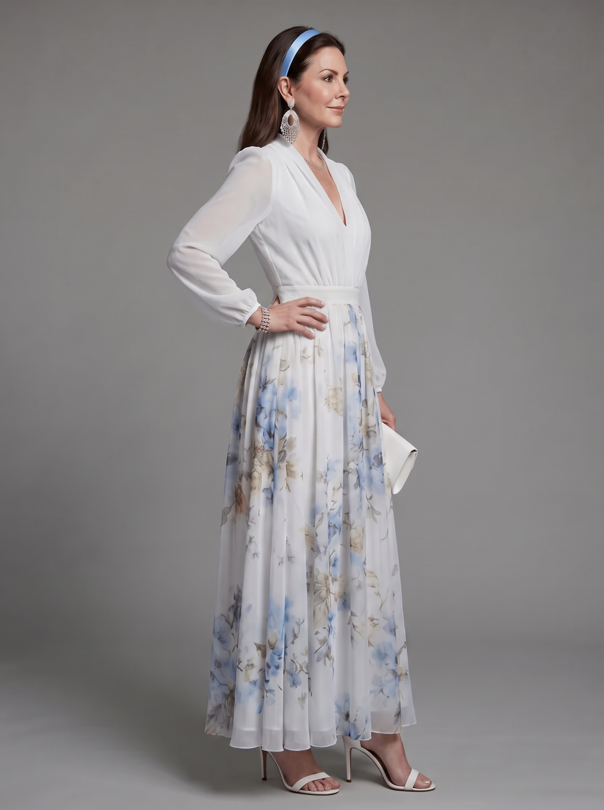 Surplice V-Neck Long Sleeve Floral Skirt Chiffon Maxi Dress 7