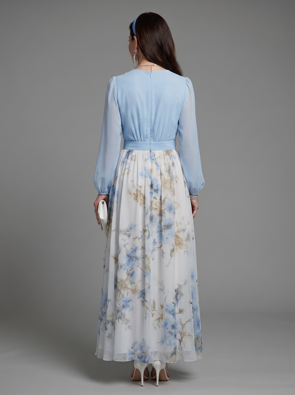 Surplice V-Neck Long Sleeve Floral Skirt Chiffon Maxi Dress 3