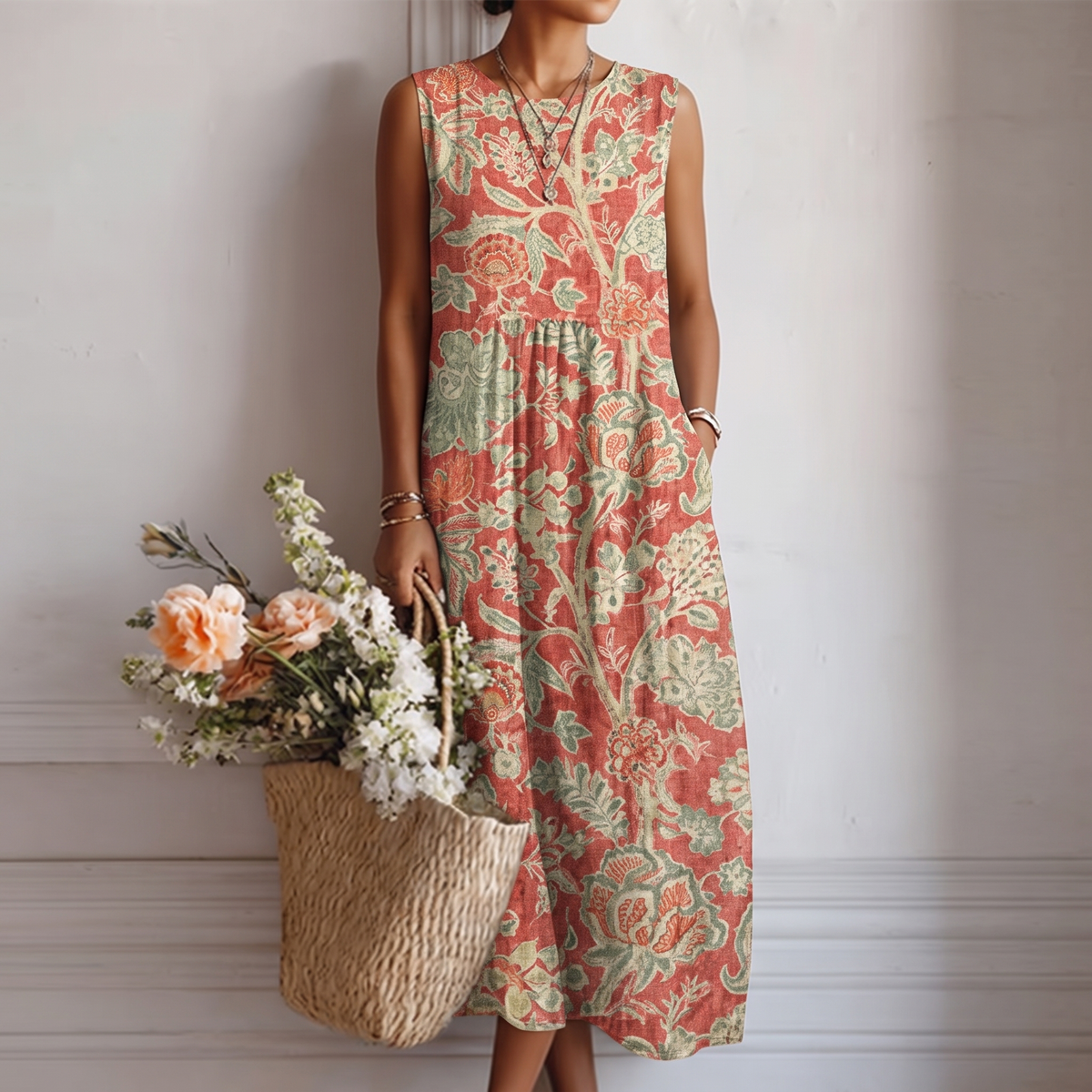 Floral V-Neck Sleeveless Pocket Midi Dress