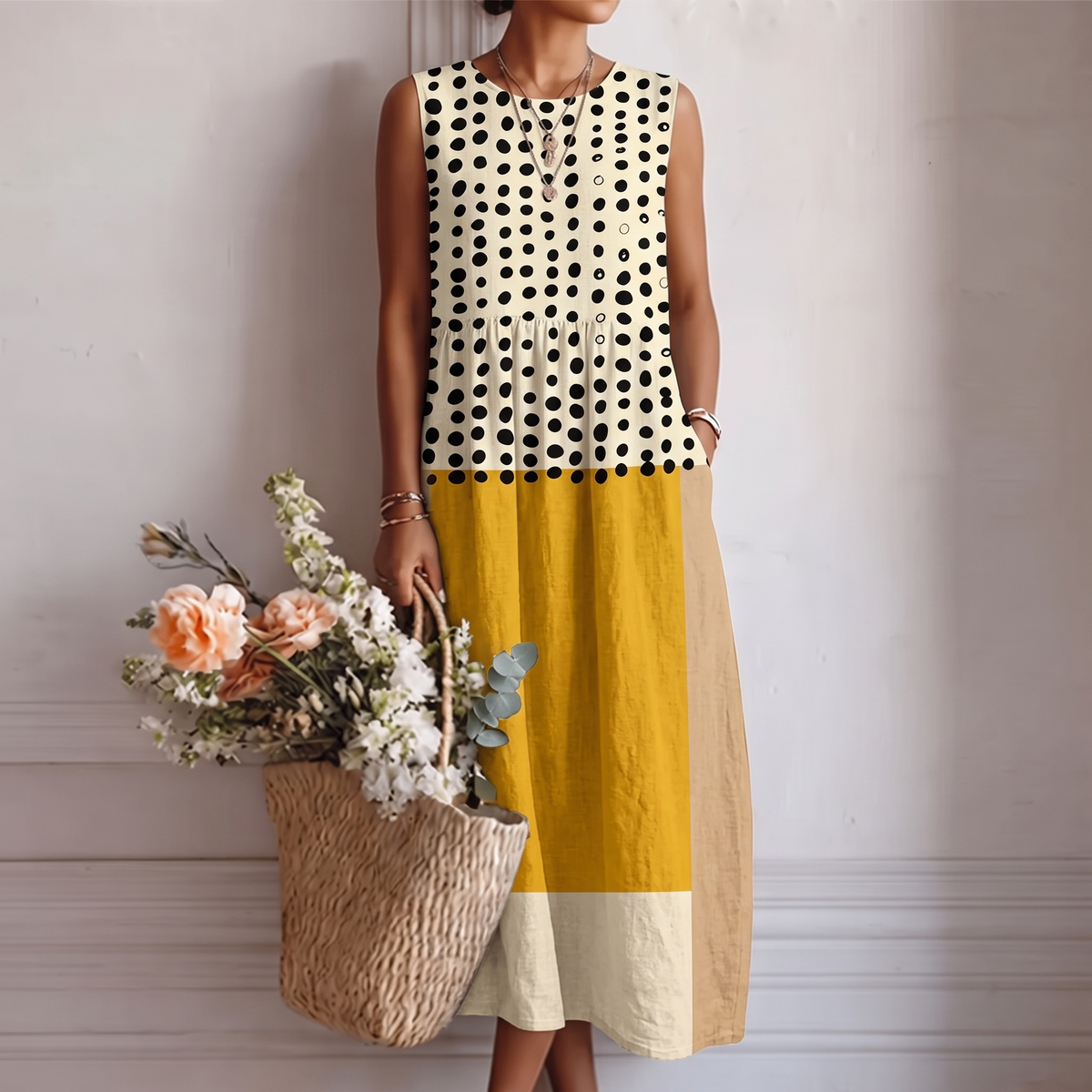 Polka Dot Colorblock Crew Neck Sleeveless Midi Dress