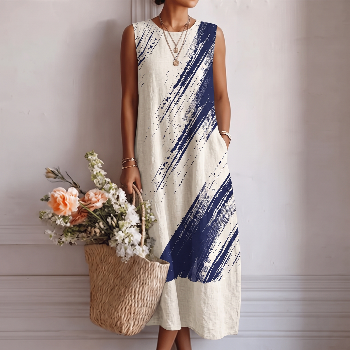Abstract Brushstroke Print Sleeveless Pocket Midi Dress