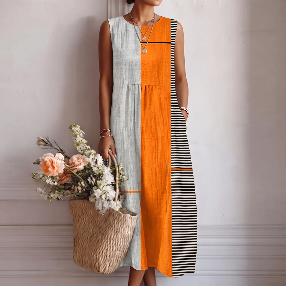 Striped Colorblock Round Neck Sleeveless Midi Dress