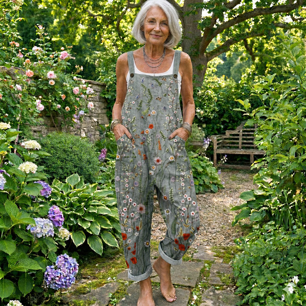 Floral Applique Wide Leg Bib Overalls 4