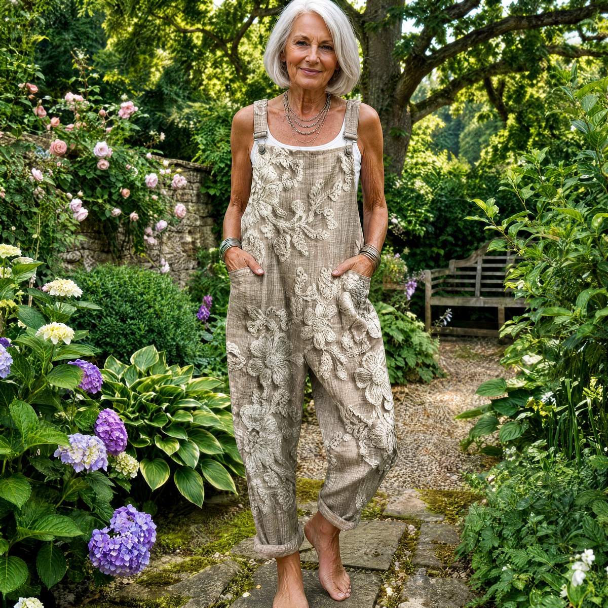 Floral Applique Wide Leg Bib Overalls 6