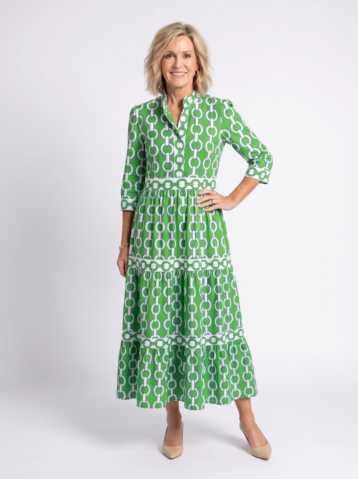 Chain Print Band Collar 3/4 Sleeve Tiered Maxi Dress 6