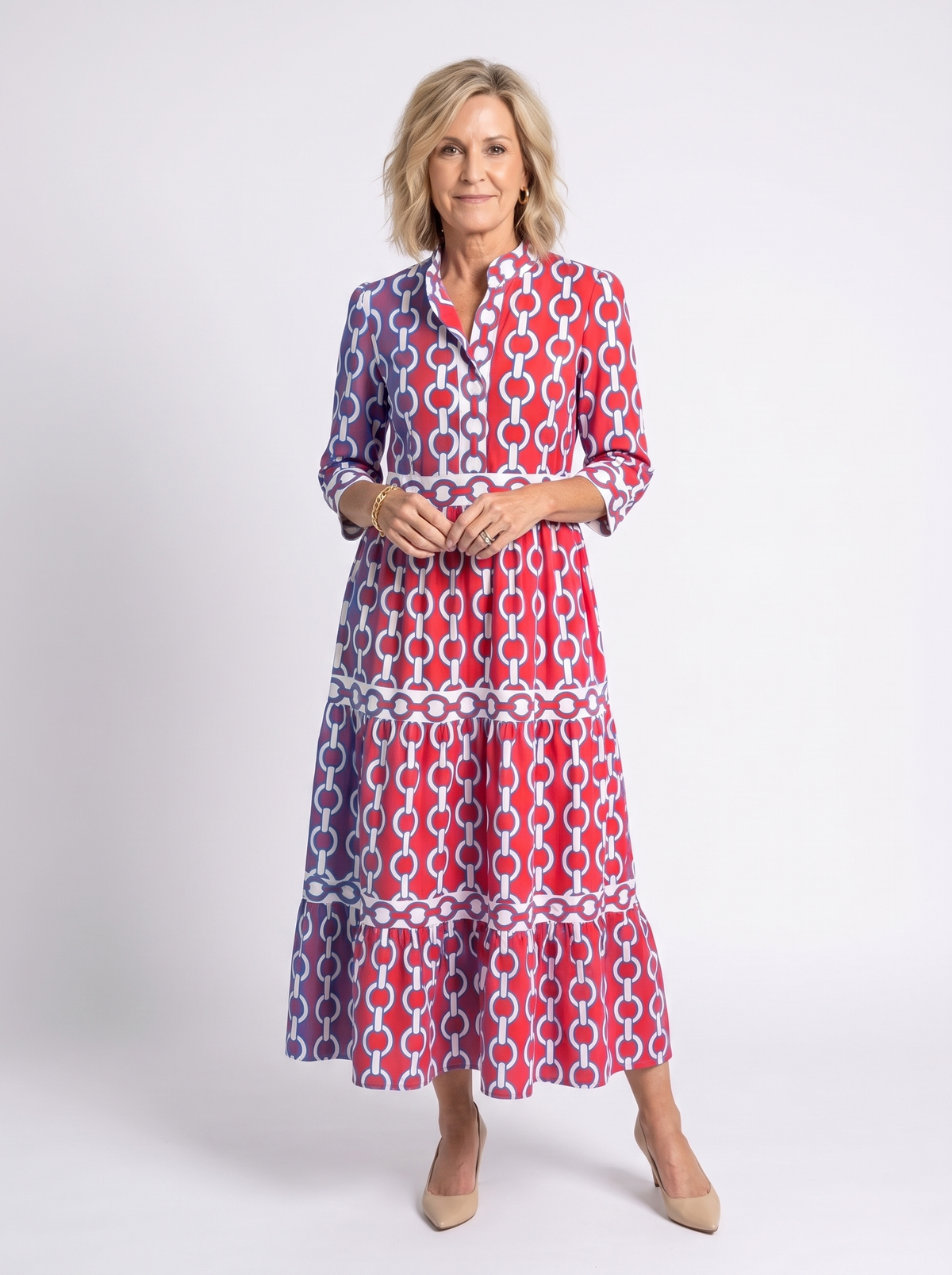 Chain Print Band Collar 3/4 Sleeve Tiered Maxi Dress 7