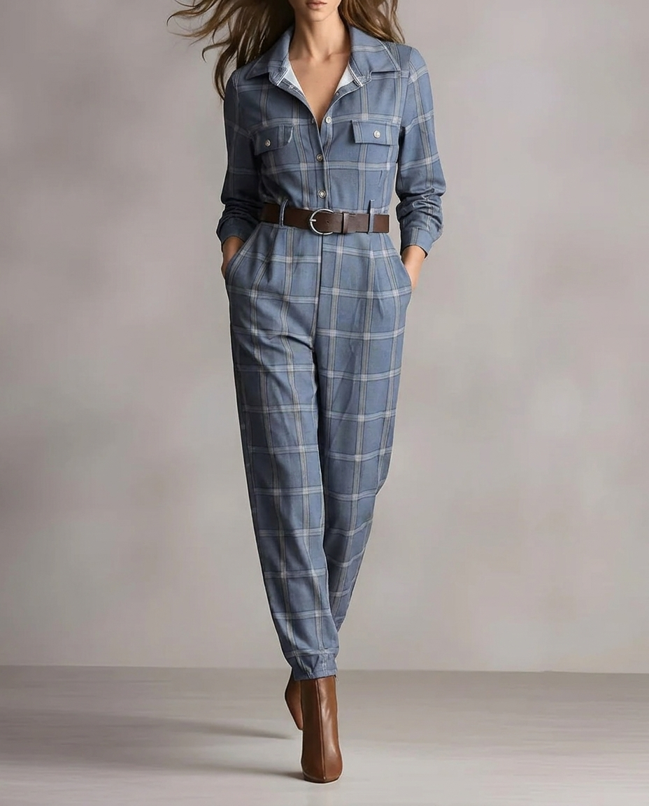 Plaid Collared Long Sleeve Belted Tapered Jumpsuit 2