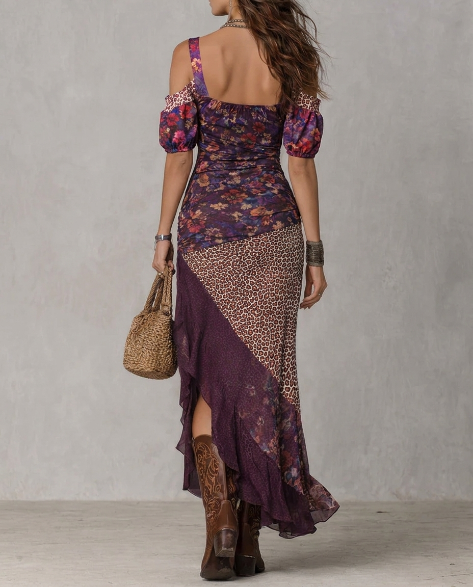 Cold Shoulder Puff Sleeve Ruffle High Split Maxi Dress 3