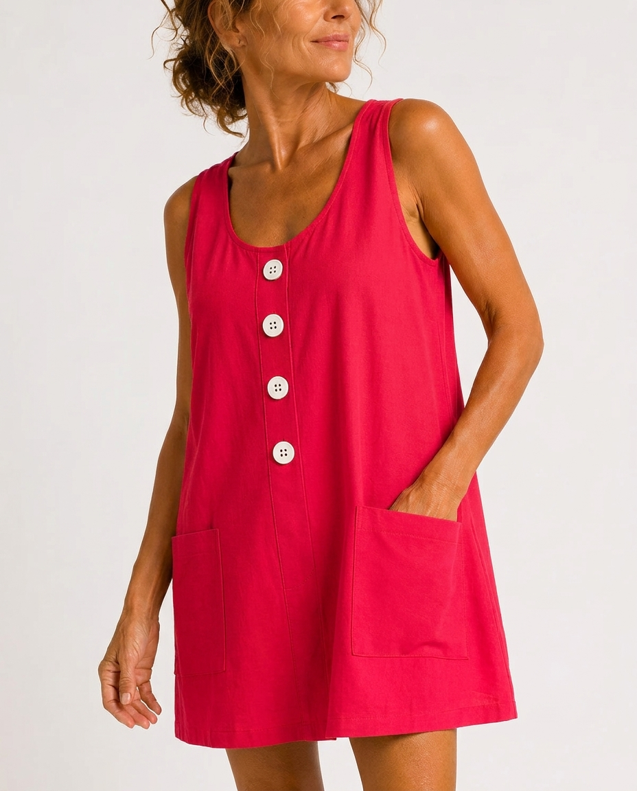 Scoop Neck Sleeveless Button Front Patch Pocket A-Line Mini Dress 10
