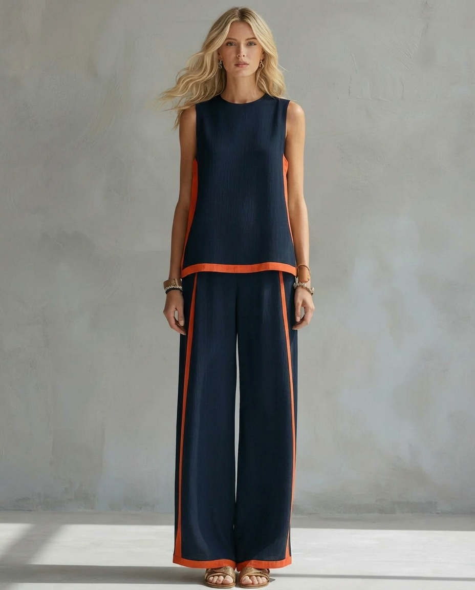 Sleeveless Contrast Trim Top and Wide Leg Pants Two Piece Set 2