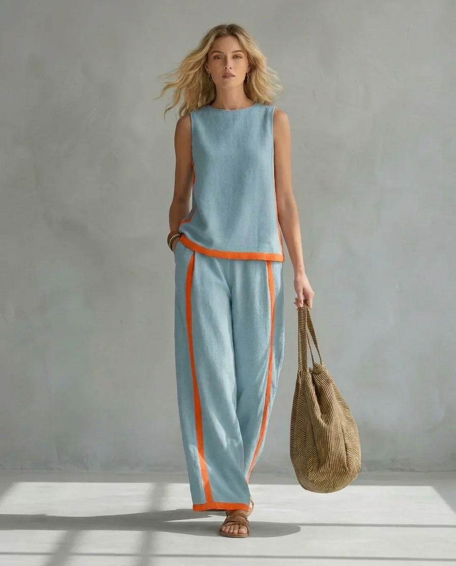 Sleeveless Contrast Trim Top and Wide Leg Pants Two Piece Set 4