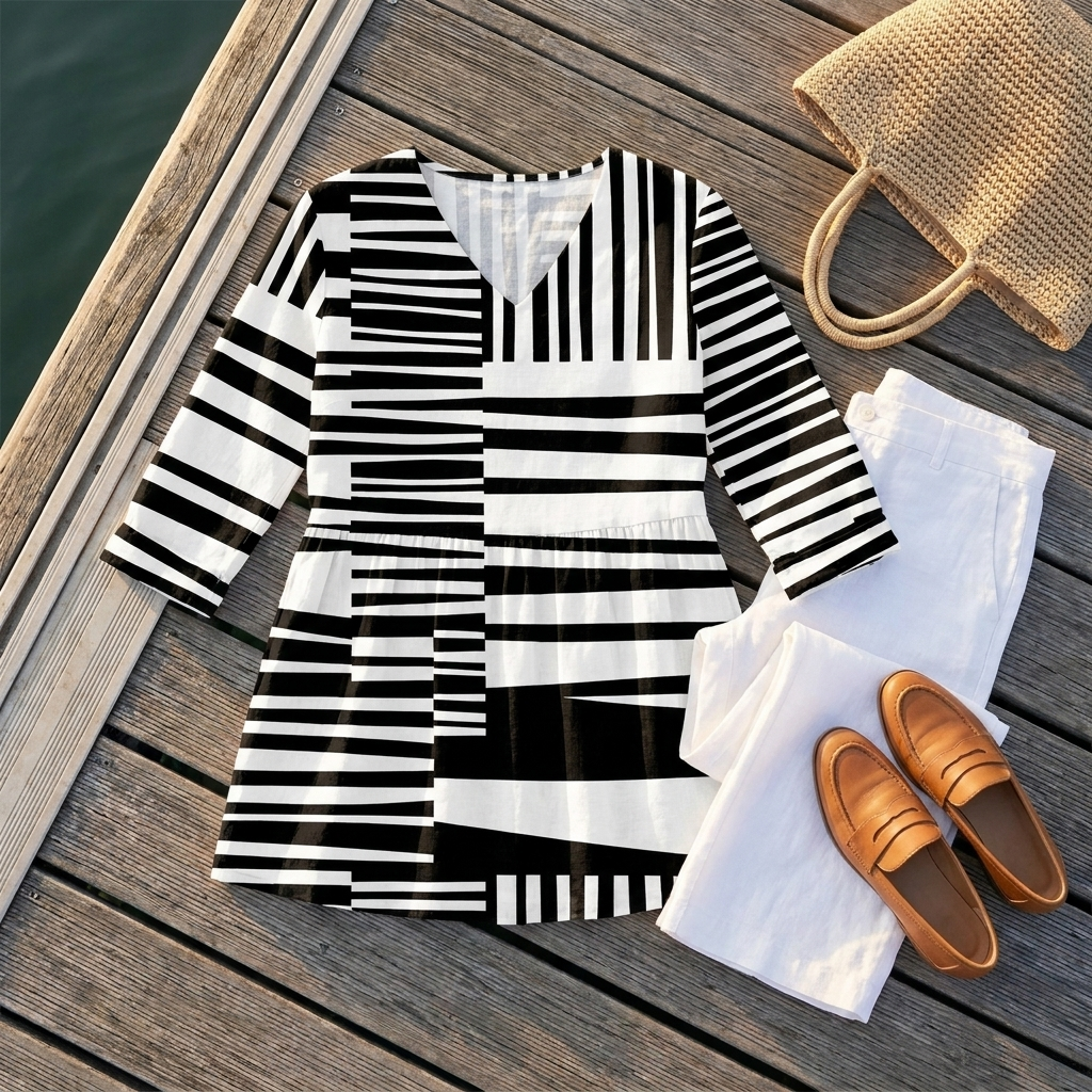Striped V-Neck Three Quarter Sleeve Tunic Top 3