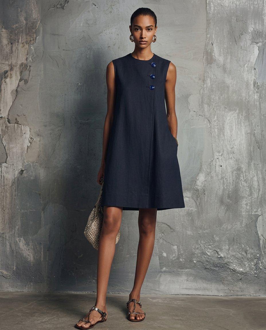 Round Neck Sleeveless Asymmetric Button A-Line Mini Dress 2