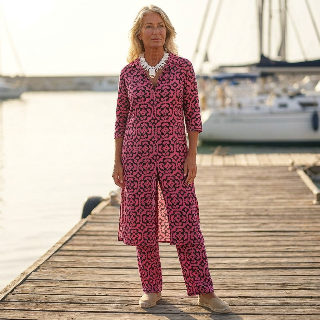 Collared Button Front Tile Print Longline Top and Pants Two Piece Set 2