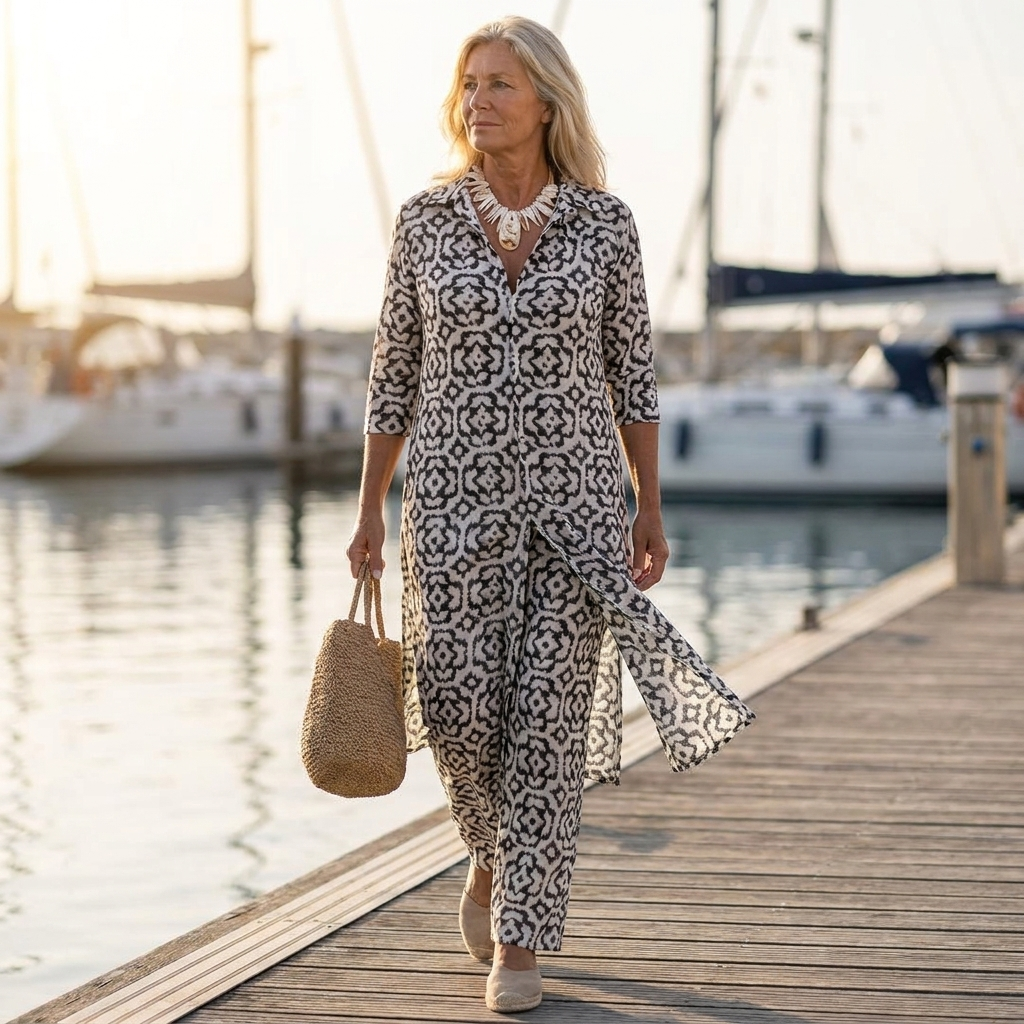Collared Button Front Tile Print Longline Top and Pants Two Piece Set