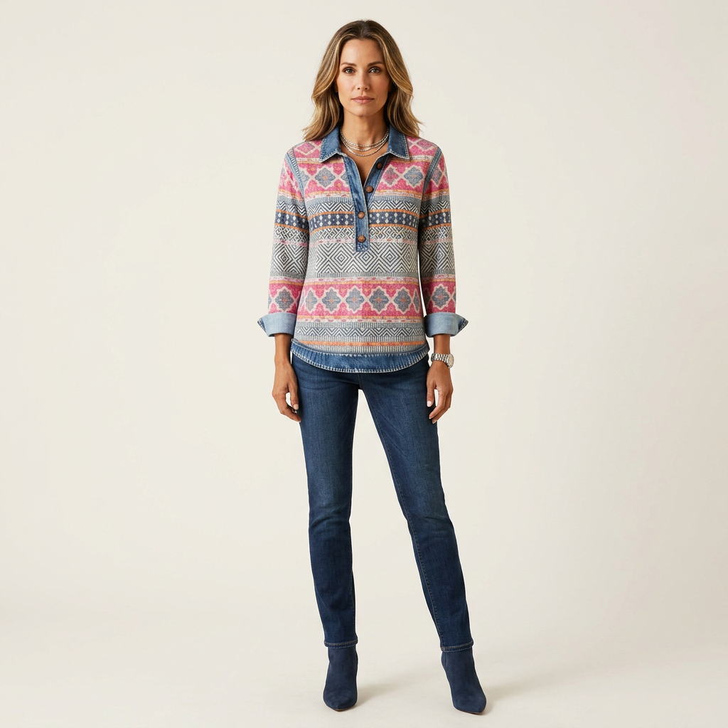 Fair Isle Print Collared Quarter Button Knit Top