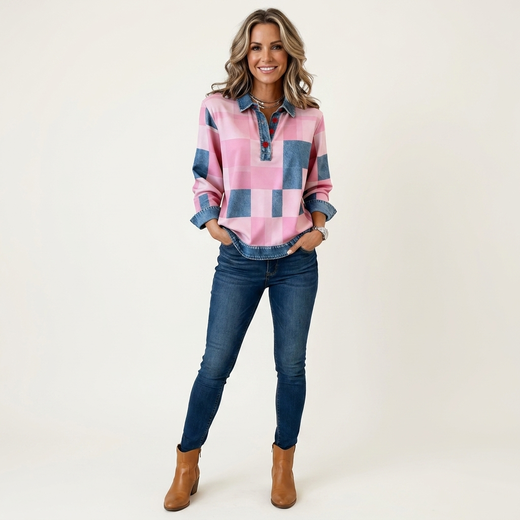 Colour Block Check Collared Half Button Long Sleeve Popover Shirt