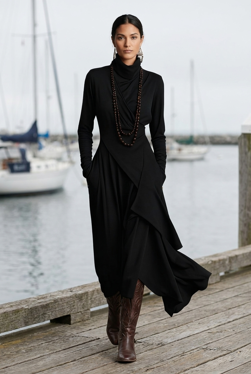 Turtleneck Long Sleeve Draped Ruffle Maxi Dress