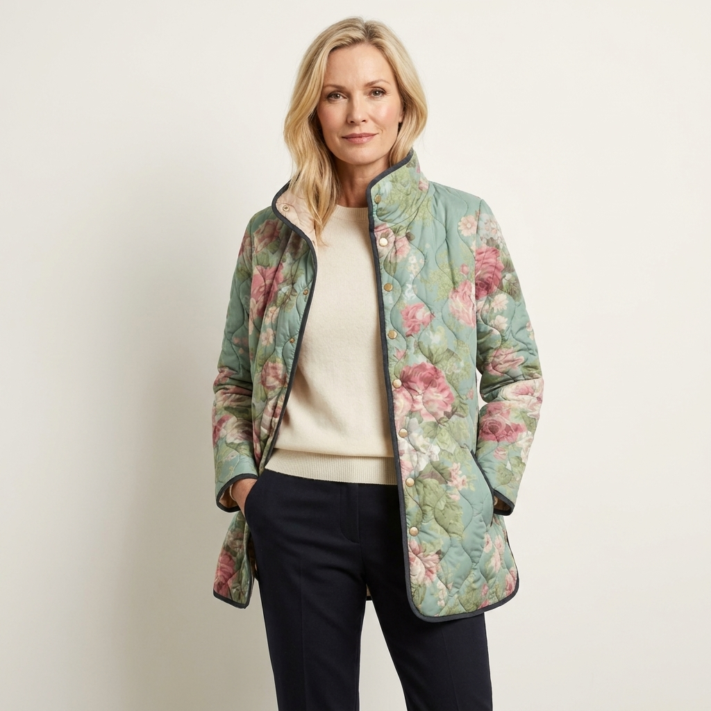 Floral Print Quilted Stand Collar Snap Button Jacket